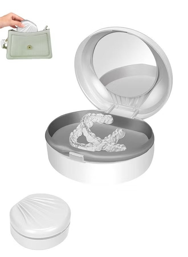 Portable Denture Case with Mirror, Storage False Teeth Container Cups Holder, Orthodontic Mouth Guard Case with Brush (White) - Image 1